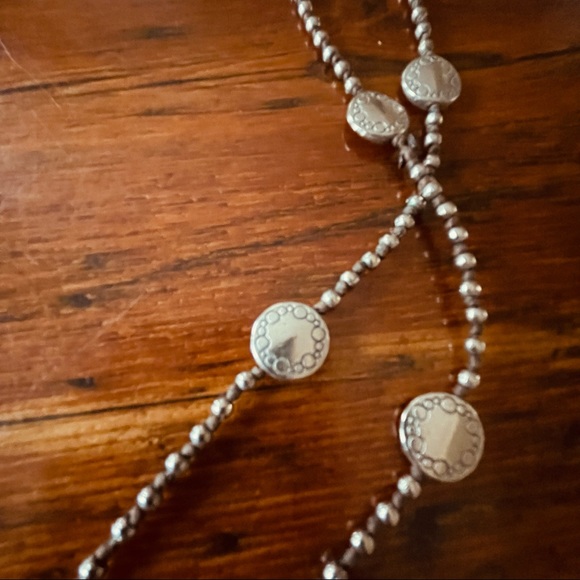 Silver bead layering necklace with leather knots 30 inches single or double wrap - Picture 3 of 9
